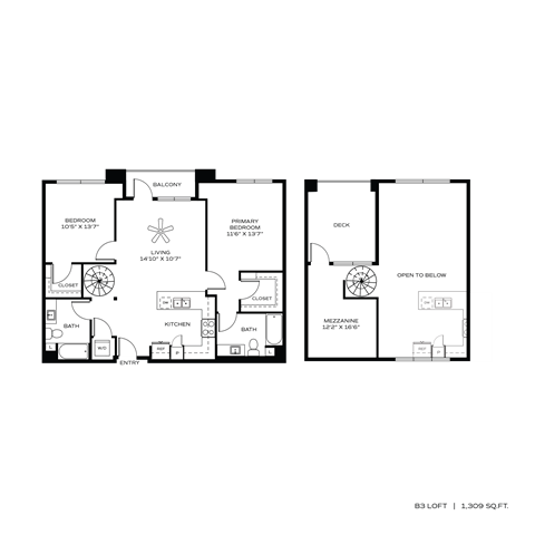 Floor plan for 2 beds, 2 baths, 1309 sqft
